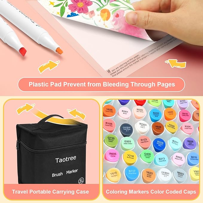 Taotree Alcohol Brush Markers Set Art Supplies, 61 Colors Dual Tip Art Coloring Markers Pens, Brush & Chisel Tip Sketch Pens, Drawing Supplies Gift for Artist Adult Coloring Book Painting, Sketching