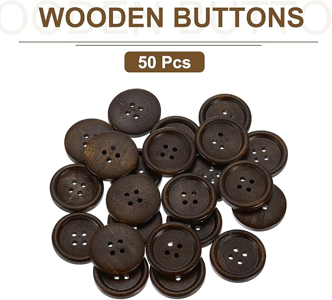 uxcell 50Pcs Wooden Buttons, 25mm(1") 4 Hole Round Wood Sewing Button Craft Flatback for Sewing DIY Craft Clothing, Dark Brown