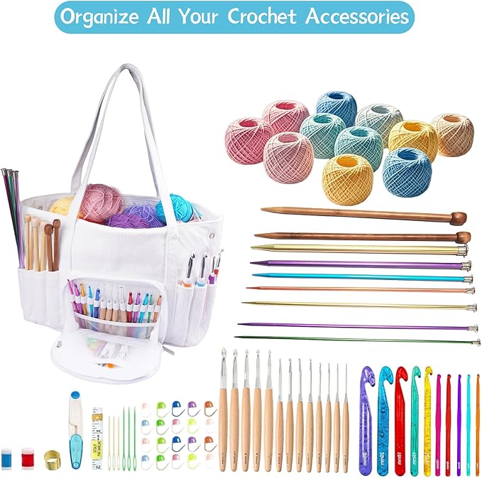 Crochet Bag Organizer, Large Capacity Yarn Storage Bag, Corduroy Knitting Crochet Tote Bag, Crochet Storage Bag for Crochet Hooks, Crochet Accessories, Knitting Needles Holder, White
