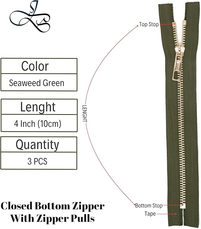 #5 Gold Metal Zipper - 50+ Colors - 3 PCS - (4-14 inches) Sizes - Luxury Lightweight Handcraft Metal Zippers with pulls for Purses Bags Pockets Shoes Sewing & Crafts DIY ZP02354