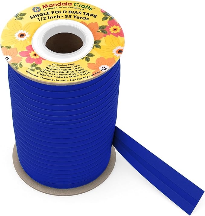 Mandala Crafts 1/2 Inch Single Fold Bias Tape for Sewing, Quilting, Piping, Hemming, Blanket & Quilt Binding – 55 Yards Blue Fabric Seam Binding Tape