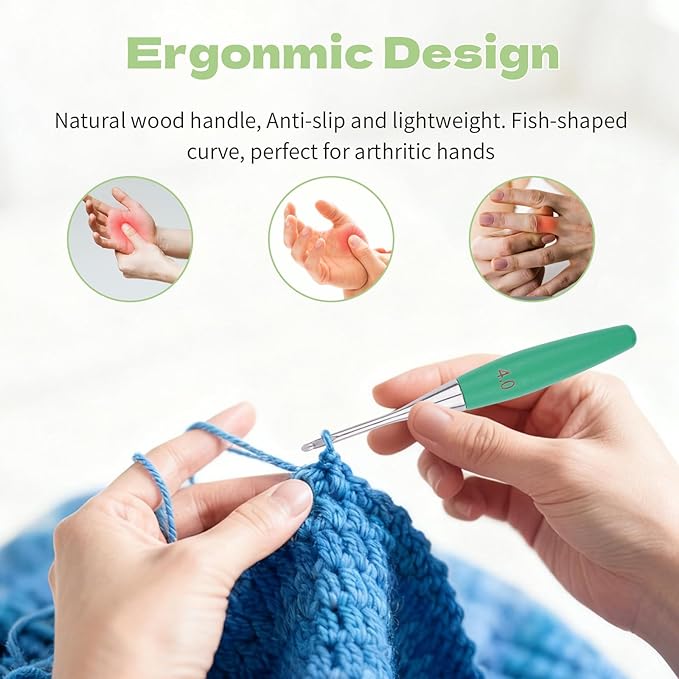 Crochet Hooks 4mm Crochet Hook Soft Lightweight Wood Ergonomic Handle and Stainless Steel Crochet Needles Tip (4 mm-G)