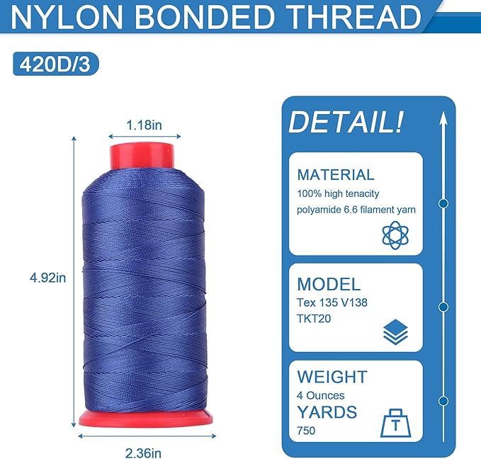 Heavy Duty Bonded Nylon 66 Sewing Thread 420D/3 T135#138 750 Yards for Canvas Furniture Upholstery Leather Goods Leather Footwear Outdoors(673, 420D/3)