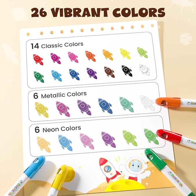 JUPITEARTH 26 Colors Rocket Tempera Paint Sticks with 120 PDF Coloring Pages, Quick Drying, Non-Toxic and Washable Paint Sticks for Kids and Students, Art Supplies for Drawing on Paper and Canvas