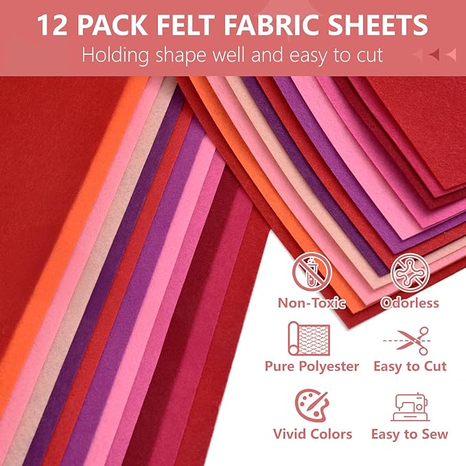Large Stiff Felt Sheets Bundle Felt Fabric Sheets for Crafts 12 Rolls 8"x35" Soft Red Color 12 Assorted Colors Felt Pack for DIY Craft Sewing Squares Nonwoven Patchwork (Red)