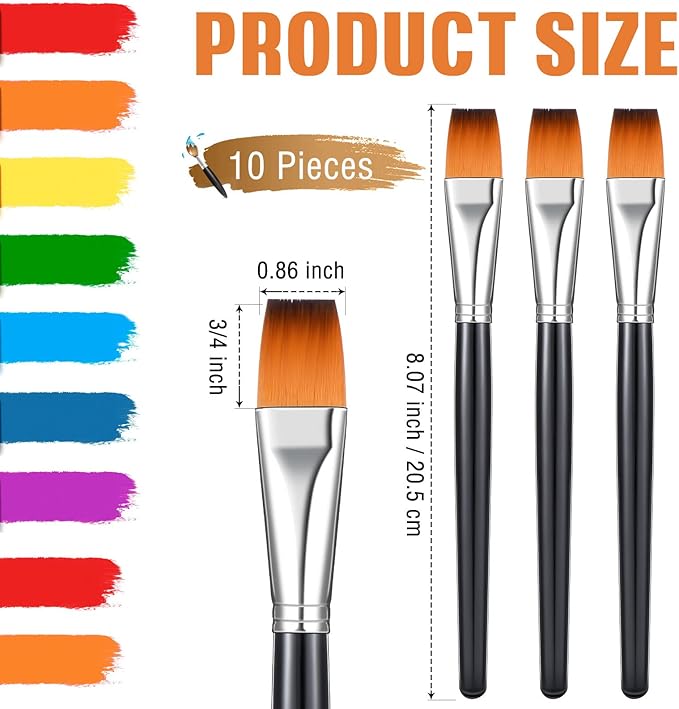 Zonon 10 Pcs 3/4 Inch Flat Paint Brushes Acrylic Painting Craft Accessories Small Watercolor Paint Brushes Bulk for Adult Artist Detail Oil Canvas Face(8.1 x 0.9 x 3/4 Inch,Black)