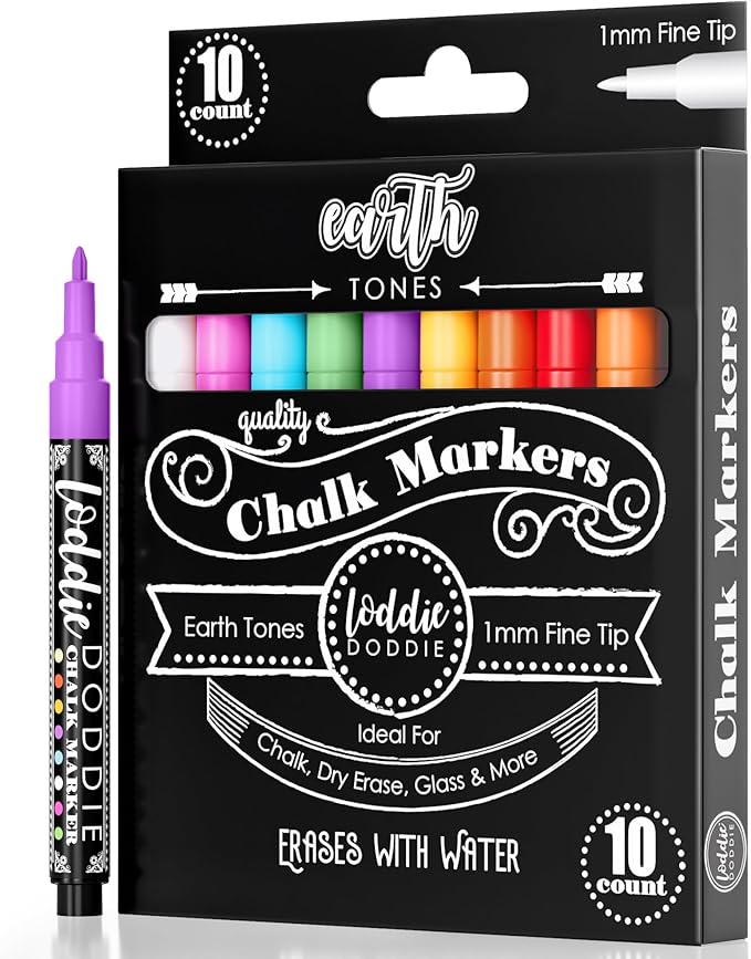 Loddie Doddie Fine Liquid Chalk Markers - Pack of 10, Earth Tones - Bold Blackboard Art with Chalkboard Pens - 1 mm Fine Tip for Chalkboard Markers - Multi-Surface with Chalk Paint