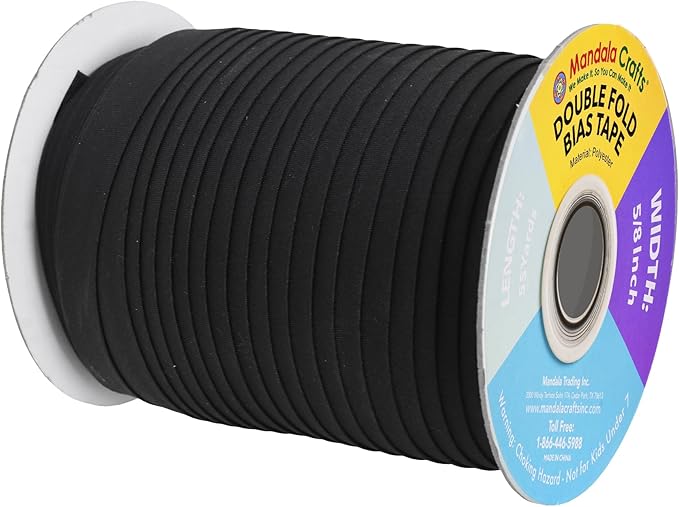 Mandala Crafts 55 Yards 5/8 Inch Black Double Fold Bias Tape for Sewing - Bias Binding Tape for Quilting Binding, Hemming, Seam, and Fabric Piping