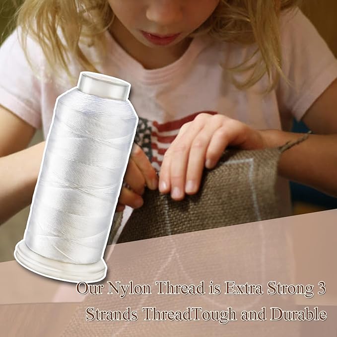 4Pcs White Nylon Thread for Sewing,210d/3 Upholstery Thread Heavy Duty,4 Cone of 1500 Yards Each Leather, Weave Needle,Serger Overlock Machine for Sewing Hair
