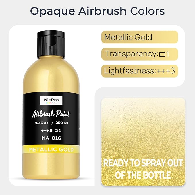 Nicpro Metallic Gold Large Airbrush Paint (8.45 oz, 250 ml) Ready to Spray Opaque Water-Based Acrylic Air Brush Paints for Model, Wood, Canvas, Metal, Plastic, Leather, for Beginners & Artists
