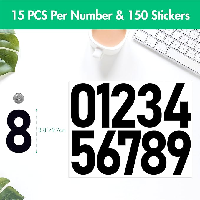 150 PCS Number Stickers, 4” Waterproof Vinyl Number Stickers Consecutive Number 0-9 Labels Self-Adhesive Without Residue Left for Office, Classroom, Indoor, Boxes, Storage (15 Sheets, Black)