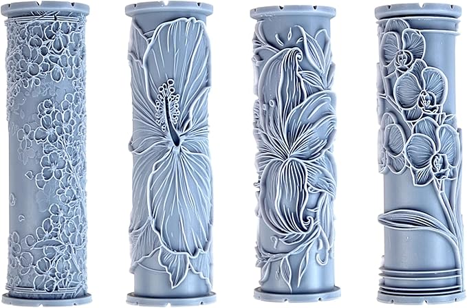 Exotic Flower Collection Clay Texture Rollers 4-Pack (4") - Flower Set #01 - Embossing Pattern Rollers for Polymer & Ceramic Clay, Pottery & Crafts