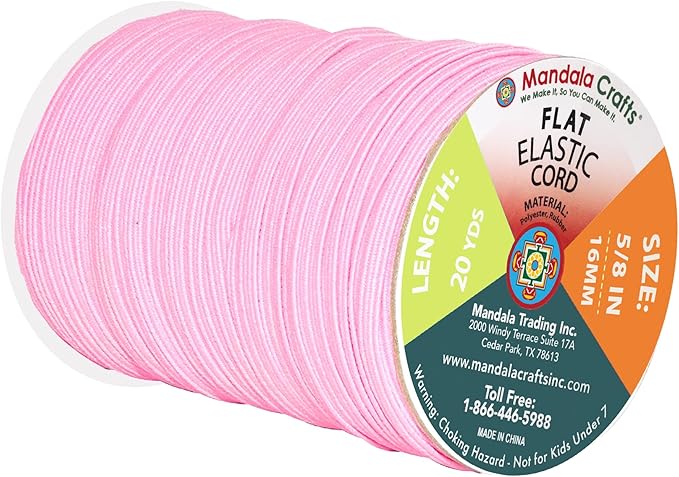 Mandala Crafts 16mm 20 Yds Roll of Pink Elastic Bands for Sewing - 5/8 Flat Elastics Cord - 5 8 Inch Braided Stretch Straps for Crafting