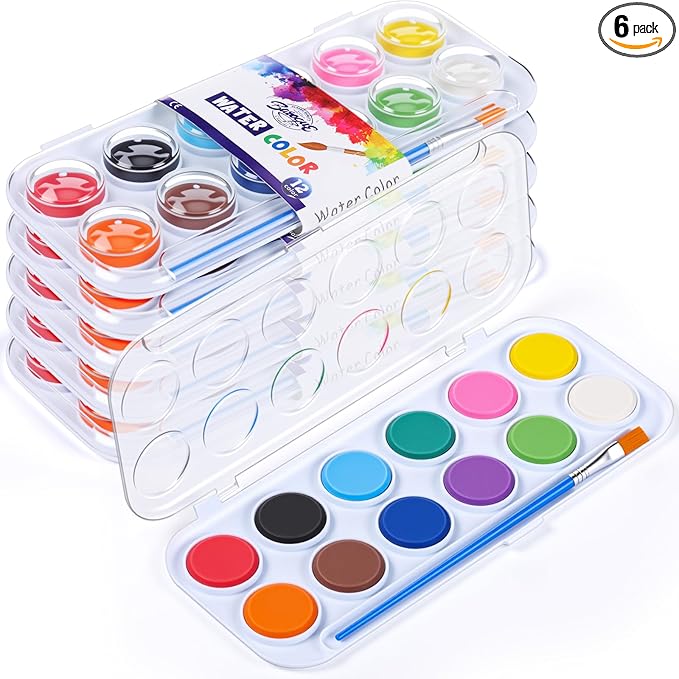Nuanchu Christmas Gifts Bulk Watercolor Paint Washable Watercolor Paint Kits Palette and Brushes Portable Water Color Supplies for Adults, Beginners Artists Valentine Gift(6 Pack,12 Colors)