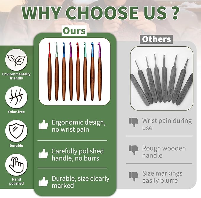 Nitlak Crochet Hooks 8 PCS, 3mm-7mm Ergonomic Crochet Hook Set, Aluminum Crochet Hook with Wooden Handle, Crochet Needles for Arthritic Hands (3mm/3.5mm/4mm/4.5mm/5mm/5.5mm/6mm/7mm)