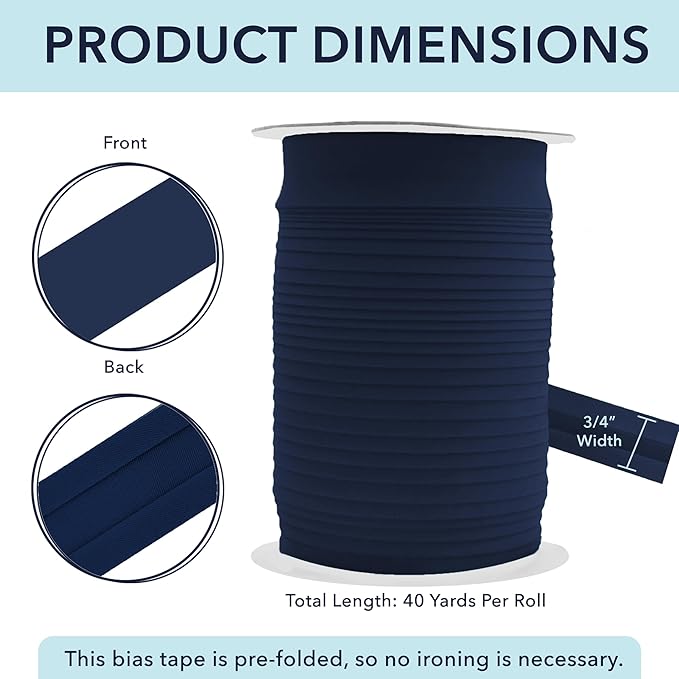 Mandala Crafts 3/4 Inch Single Fold Bias Tape for Sewing, Quilting, Piping, Hemming, Blanket & Quilt Binding – 40 Yards Navy Blue Fabric Seam Binding Tape