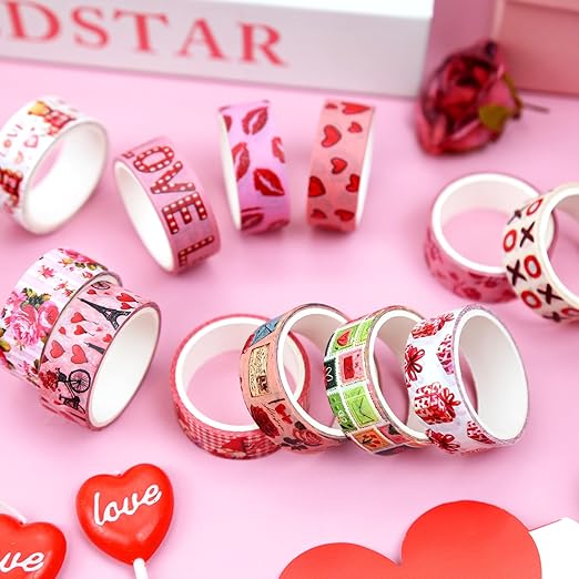 12 Rolls Valentine's Day Washi Tape Set, Pink & Red Hearts Decorative Tape Love Letters Roses Masking Tape for Journaling Supplies, Junk Journal, Scrapbooking, DIY Arts & Crafts, Gift Wrapping
