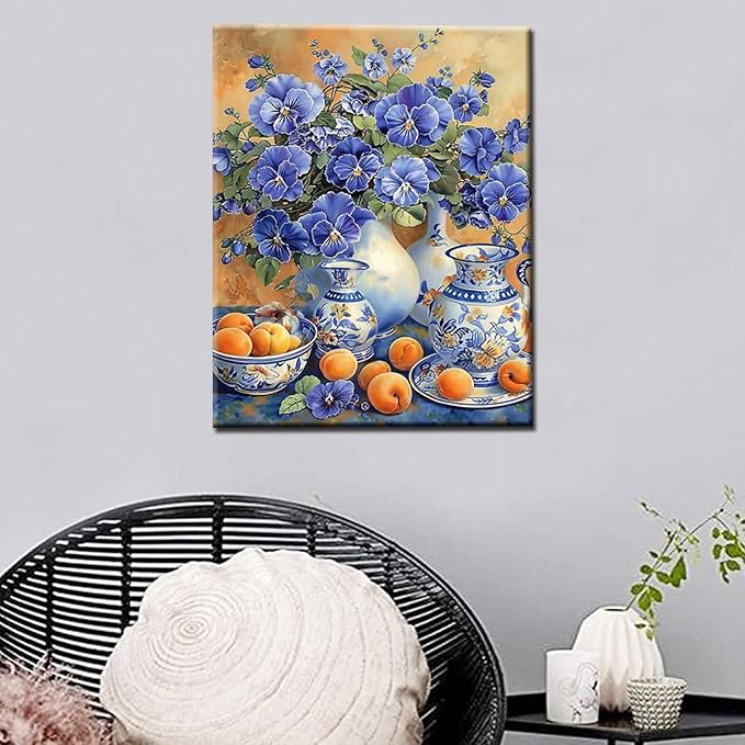 Tucocoo Flower Paint by Bumbers for Adults Beginner Bule Flowers Vase DIY Paint by Numbers Acrylic Paint Canvas Vintage Exquisite Bedroom Decor Painting Kits Flower Furit Art 16x20 Inch （DIY Frame ）