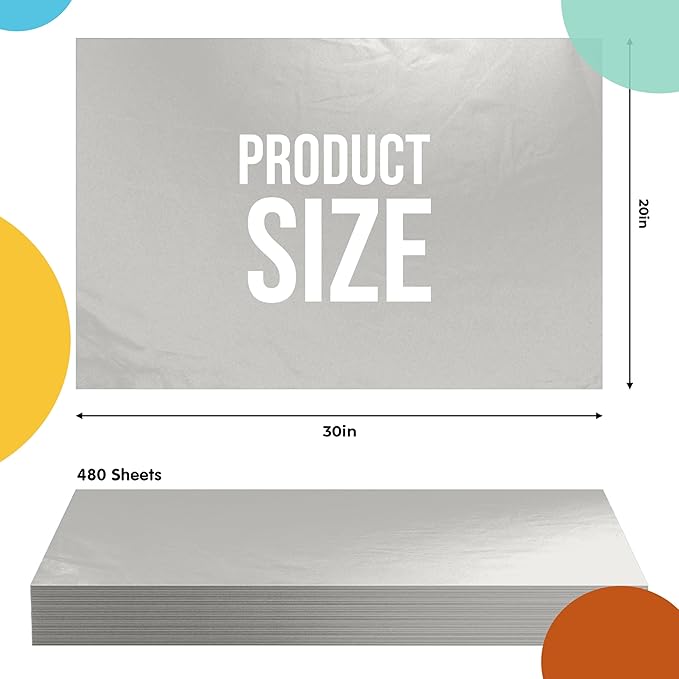 Party Solids Silver Tissue Paper for Gift Bags - 20" X 30" Bulk Tissue Paper Silver 480 Sheets - 10lb Newsprint for Packing, Birthday Gift Box Filler, Packing Supplies for Moving Supplies