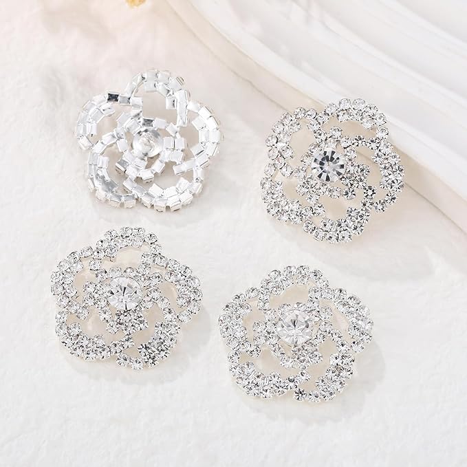 4Pcs Sliver Rhinestone Buttons Crystal Embellishments for Clothing Jewelry Making DIY Decoration Bottons for Sewing Crafts Wedding Bridal (silver-03)