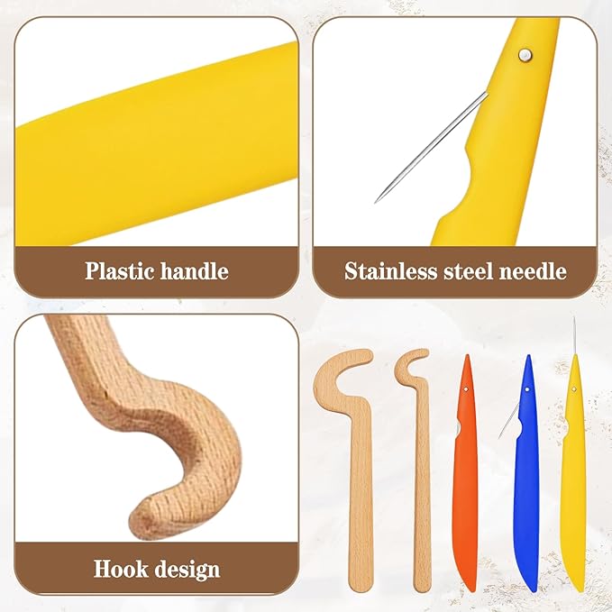 Ceramic Tool Set with 3 Folding Pottery Needle Tools & 2 Wooden Pottery Throwing Tools – for Clay Trimming, Pottery Rim Forming, Detail Carving, Edge Smoothing, Pottery Shaping