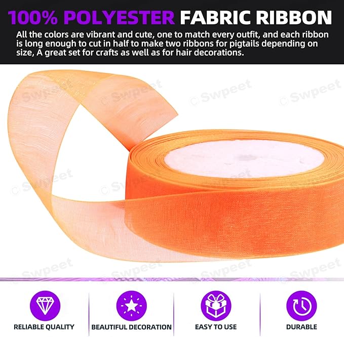 Swpeet 2 Rolls 50 Yards x 1 Inch Orange Shimmer Sheer Fabric Ribbons Organza Ribbon, Transparent Sheer Ribbon Chiffon Fabric Ribbons for Bouquets Wedding Birthday Decoration