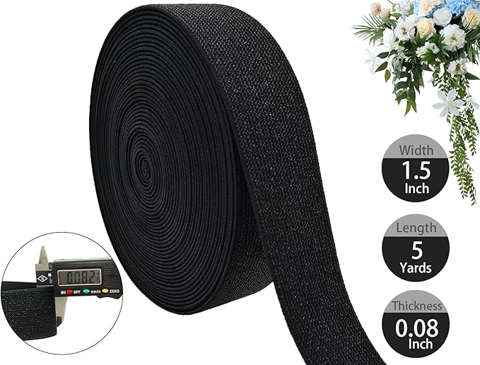 Black Glitter Knit Elastic Band for Sewing 1-1/2 inch 5 Yards Metallic Gold Ribbon Trims Spool Non-Slip Heavy Elastic Stretchy Strap for Pants Waistband-Wigs-Skirts-Craft Projects