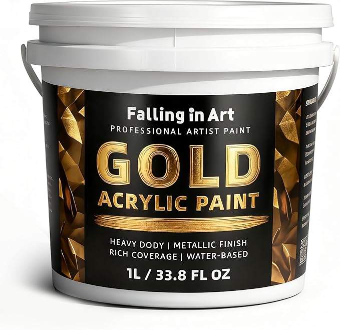 Falling in Art Gold Metallic Acrylic Paint, 33.8 Oz Heavy Body Gold Leaf Paint, Non-Toxic Art Paints for Metal, Furniture, Canvas, and DIY Crafts