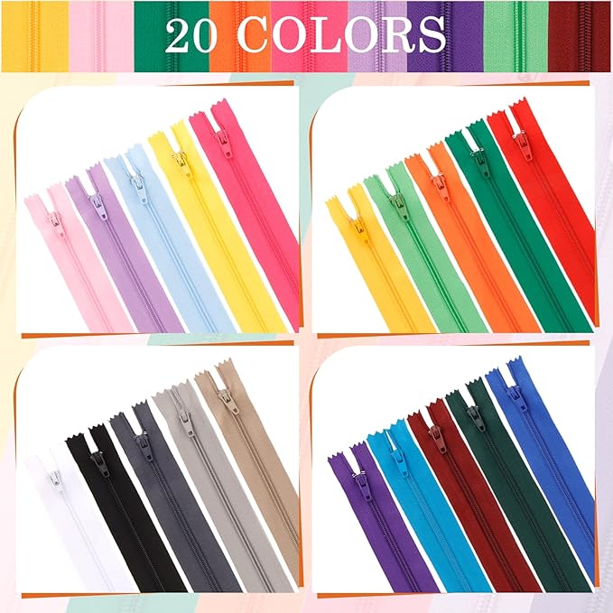Nylon Zippers for Sewing - 100 PCS, 7.2 Inch, Bulk, Colorful, for Making Bags, Pouches, Pillow Covers & Crafts - 20 Colors