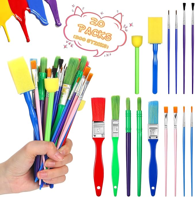 Lincia 300 Pcs All Purpose Paint Brush Set Bulk for Acrylic and Washable Paints, Easy to Clean and Hold, Round and Flat Kids Brushes, Great with Watercolors