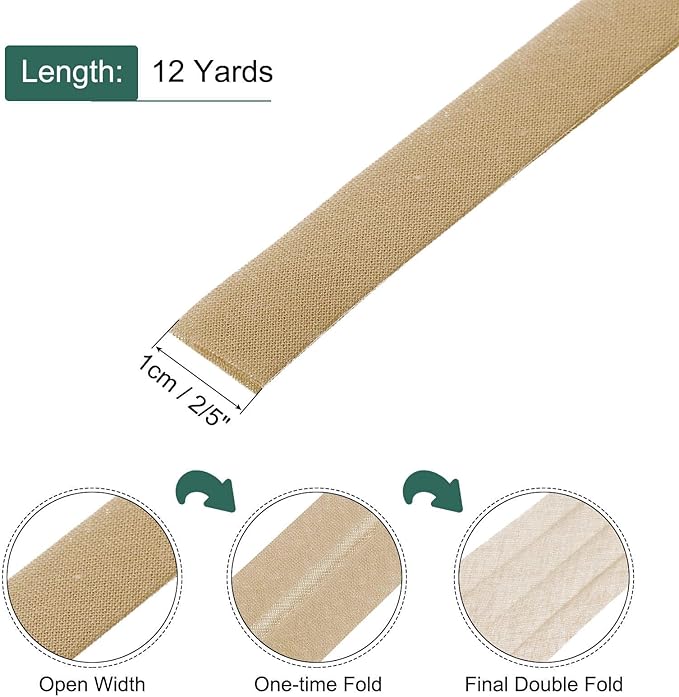MECCANIXITY 2/5 Inch Double Fold Bias Tape Continuous Bulk Bias Tape for Sewing, Seaming Quilting Hemming Binding Crafts (Khaki 12 Yards)