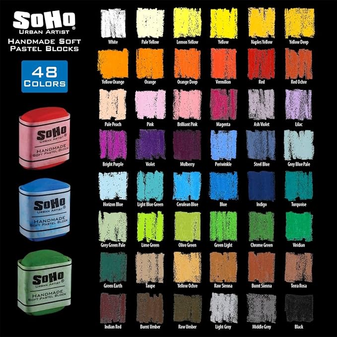 Soho Urban Artist Handmade Soft Pastel Blocks - Assorted Set of 48 Professional Pastels - Velvety Colors for Toning Paper, Large-Scale Drawings, & Layering - Lightfast and Highly Pigmented