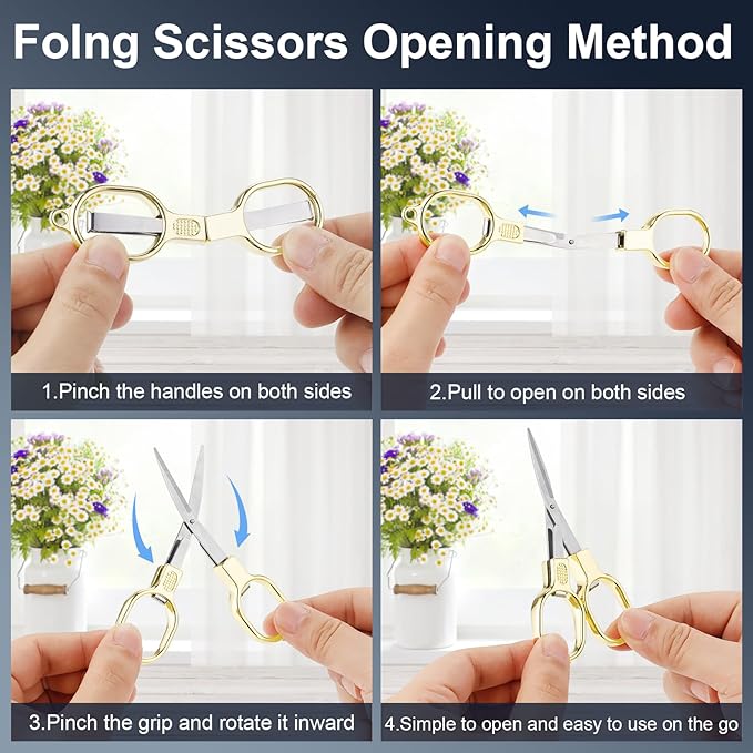 2 Pcs Folding Stainless Steel Portable Mini Small Travel Scissors, Safety Foldable Pocket Badge Nursing Scissors with 2 Keychain for Travel, Home, Office, Craft, Sewing (Gold)