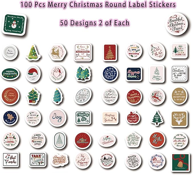 Christmas Round Label Stickers, 100 pcs Merry Tag Stickers for Envelope Seal, Scrapbook, Journals, Holiday, New Year, Inspirational DIY Crafts, iPhone, Laptop, Water Bottle, santa-100