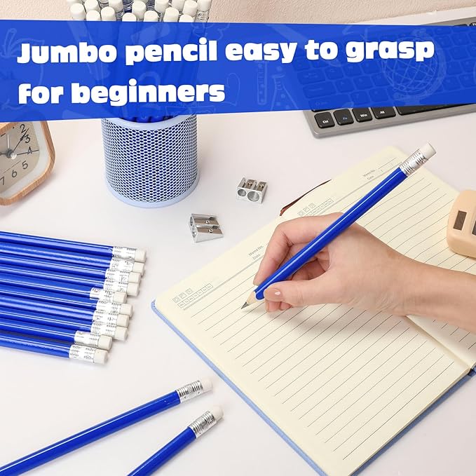 Fainne 102 Pcs Bulk Thick Jumbo Graphite Pencils Set 96 Fat Giant Large Pencils and 6 Sharpeners Enhanced Grip for Art Drafting Writing Drawing Office and Home Use(Blue,Triangle)