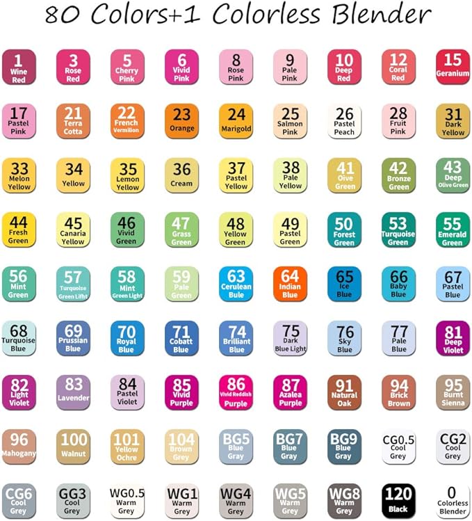 ABEIER 80 Colors Alcohol Based Markers, Dual Tip Drawing Markers Set, plus 1 Colorless Blender Pen, Permanent Sketch Animation Marker for adults, Plumones, Coloring and Artist Illustration