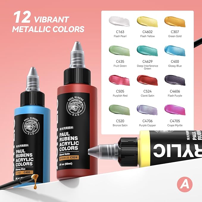 Paul Rubens Acrylic Paint, 12 Colors Metallic Acrylic Paint Set A, 2oz/60ml Bottles, Rich Pigments, Strong Coverage Acrylic Paints For Adults, Artists, Beginners On Canvas Rocks Wood Ceramic Fabric