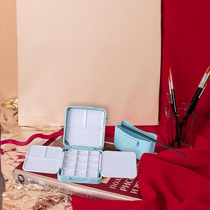 WTYONZEL Travel Pocket Watercolor Set, Artist Outdoor Sketch Kits with 24 Well Palette,3 Foldable Palettes,Clip-on Washing Bucket,Silicone Bag,Ideal for Outdoor Sketch Artists(Blue)