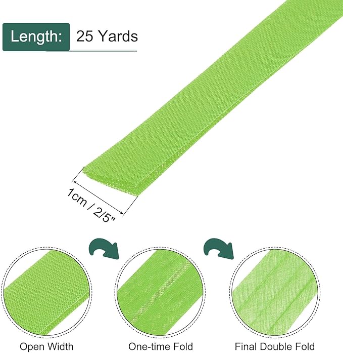 MECCANIXITY 2/5 Inch Double Fold Bias Tape Continuous Bulk Bias Tape for Sewing, Seaming Quilting Hemming Binding Crafts (Green 25 Yards)