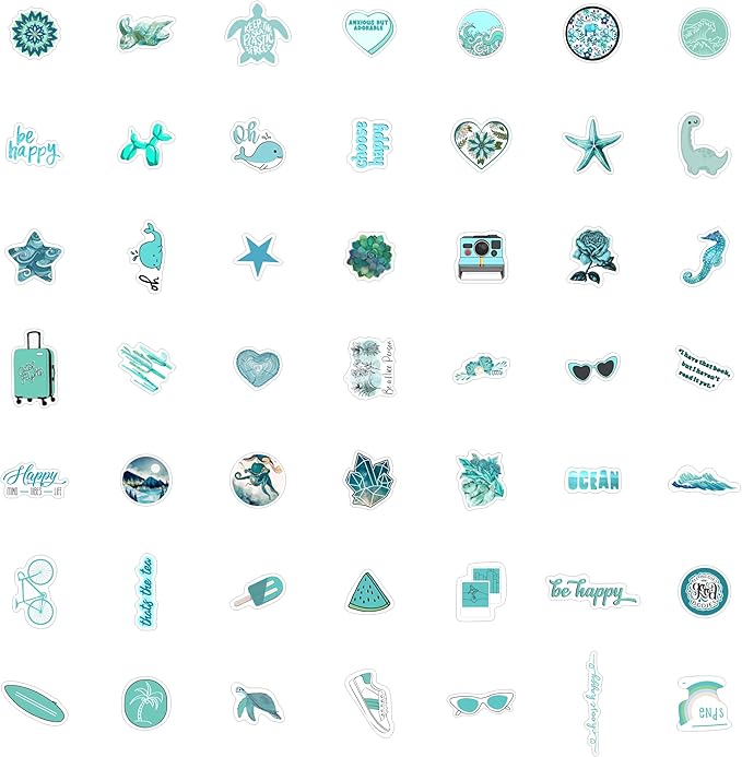 BulbaCraft 100Pcs Teal Stickers, Blue Stickers for Water Bottle and Laptop - Teal Party Supplies & Decorations, Waterproof Vinyl Decals, Gifts for Women & Men
