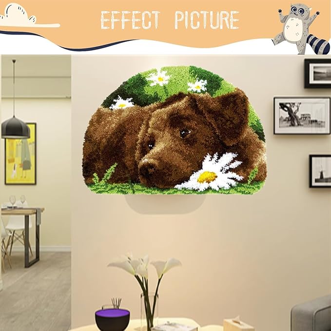 EMISTEM Latch Hook Kits for Adults - DIY Latch Hook Rug Kits, Crochet Kit for Beginners, Rug Making Kits with Printed Canvas, Gift Packaging. (Dog in Flowers,15x21)