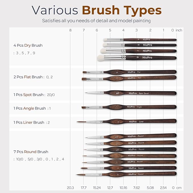 Nicpro 16 PCS Kolinsky Sable Miniature Paint Brushes Dry Brush, Professional Model Paint Brush Set with Cloth Roll, Fine Detail Artist Brush Set for Miniatures, Acrylic & Figures, Model, Watercolor