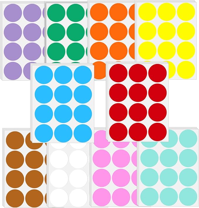 2" Round Large Colored Removable Stickers Labels - 10 Colors,Pack of 360