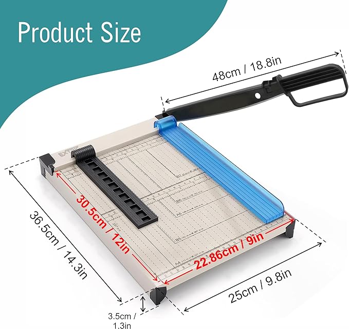 EXTRIC Paper Cutter Heavy Duty, 12" Paper Trimmer with Safety Guard, Guillotine Papers Cutter for Classroom and Office, Heavy Duty Metal Base, Magnetic Guide, Laser Printed Scale