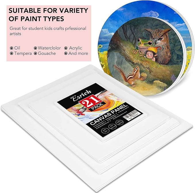 ESRICH Canvas Boards for Painting-21 Pack Blank Canvas Boards-4x4, 5x7, 8x10, 9x12, 11x14, Round Canvas D8, D10, Cotton Primed Canvas Panels, Painting Canvas for Oil, Acrylic, Watercolor.