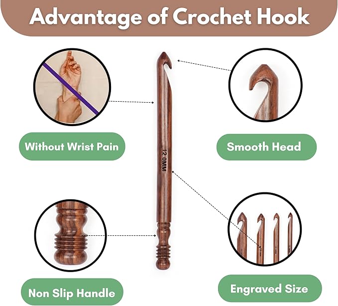 Wooden Crochet Hook | Knitting Needle with Ergonomic Soft Grip Handles | Handcrafted Crochet Hook Set | Indian Rosewood Crochet Hook with Engraved Size (15 mm)