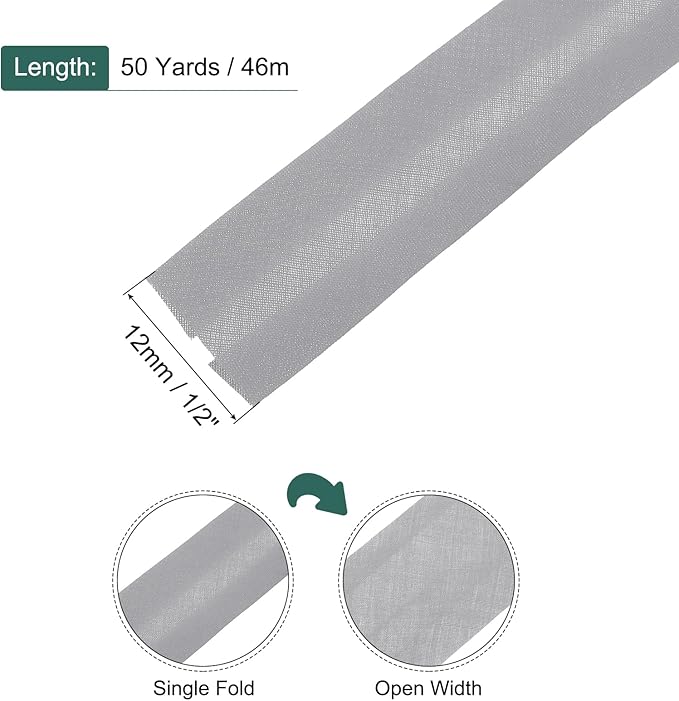 MECCANIXITY 1/2 Inch Single Fold Bias Tape Polyester Continuous Bulk Bias Tape for Sewing,Seaming Quilting Hemming Binding Crafts (Gray 50 Yards)