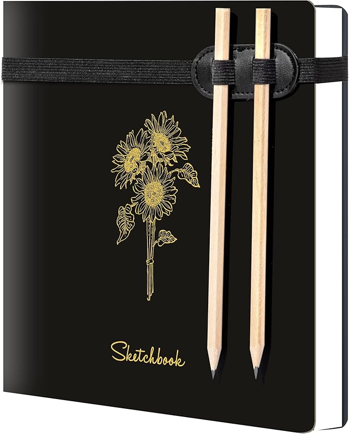 Yoment Hardcover Sketch Book, Sketchbook for Drawing with 2 Pencils, 150GSM Thick Paper, Square Art Sketch Book Drawing Paper Book 160 Pages Sketch Pad Journal for Women Adults,Gift Boxed, Black