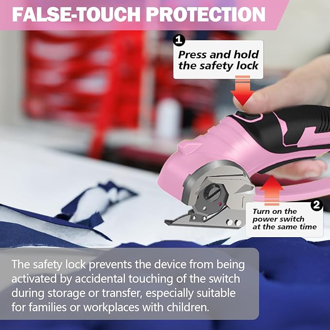 Cordless Electric Scissors, 4V Box Cutter & Cardboard Cutter with 2 Titanium Blades - Rotary Cutter with LED Light for Fabric, Leather, Carpet, Plastic, Crafting + Storage Case (Pink)