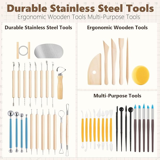 UUSYCUN 48PCS Pottery Tools for Sculpting, Clay Tool Kit for Carving, Modeling Ceramics, Pottery Kiln, Polymer Clay Tools for Trimming, Beginners, Pros, Adults, Supplies